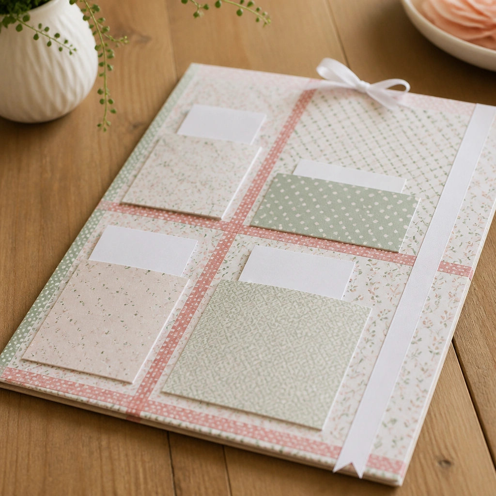A sturdy cardboard base covered with patterned paper. Washi tape borders form sections. Small paper pockets hold prayer requests, and a ribbon bookmark sits on top.