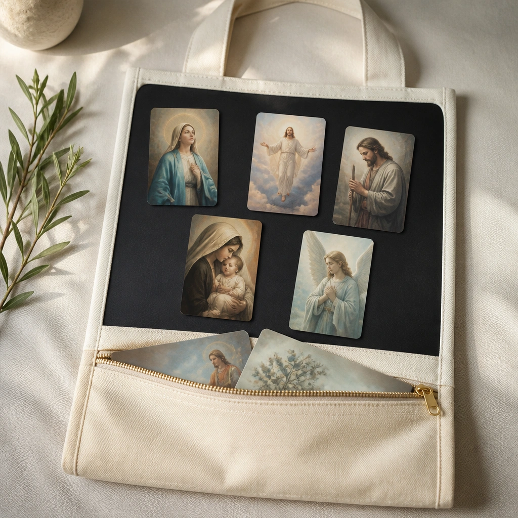 A tote bag laid flat like a board with a magnetic sheet attached. Prayer cards stick to the sheet. A zipper pocket holds extra cards.