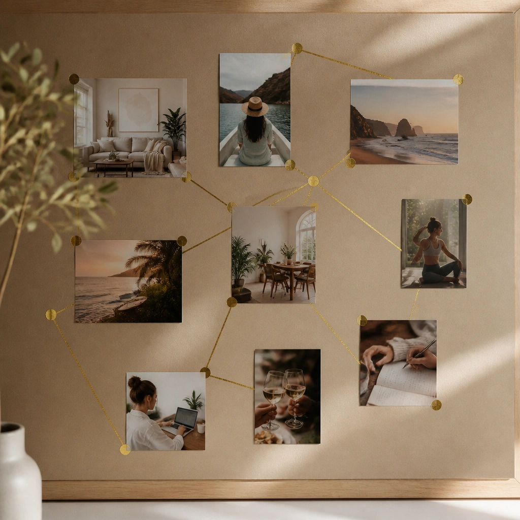 A corkboard covered in kraft paper. Small gold foil sticker dots and thin gold washi tape lines connect photos of home, travel, and goals.