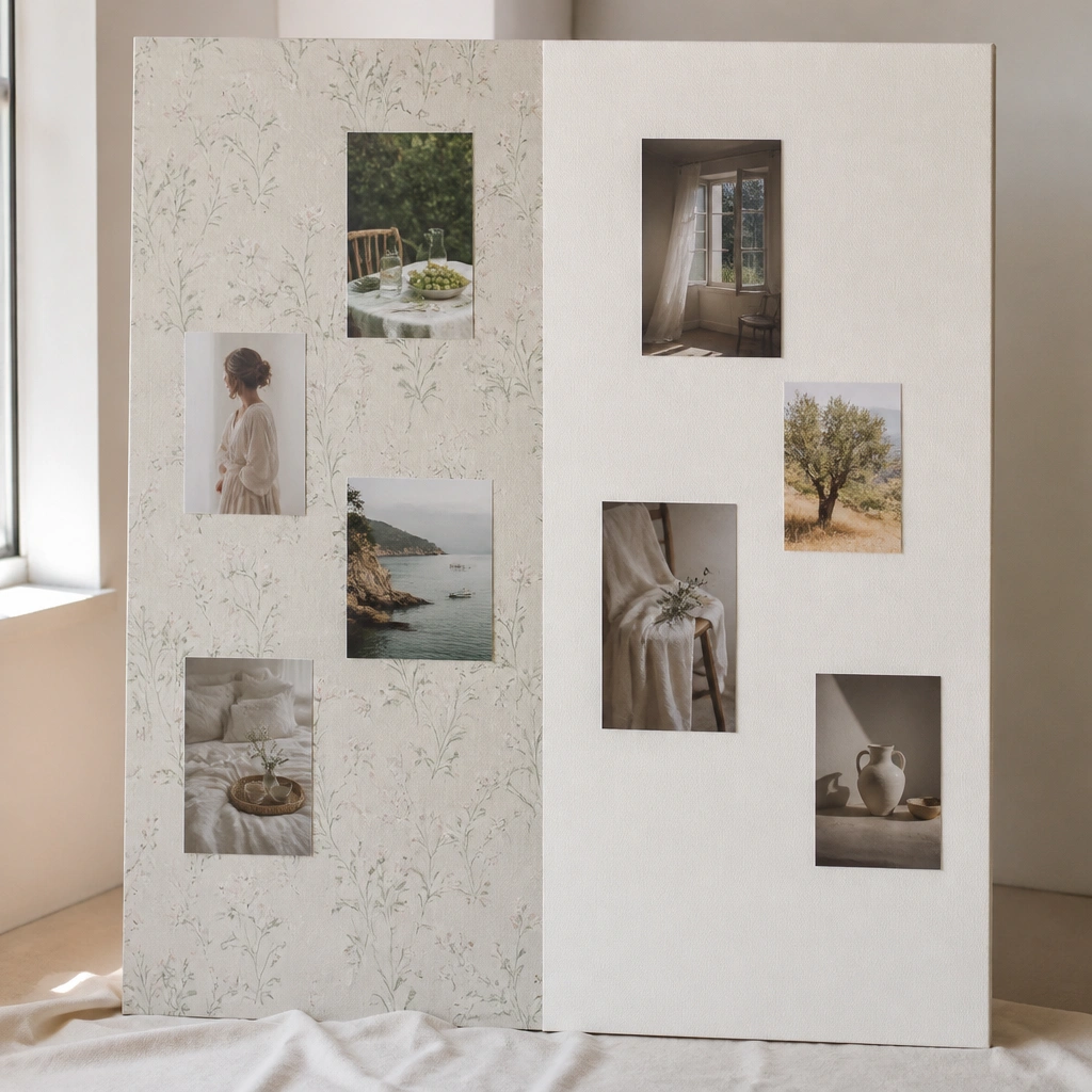 A vision board on foam board with one side covered in subtle botanical wallpaper, the other side plain. Only 8 photos are placed with lots of negative space.