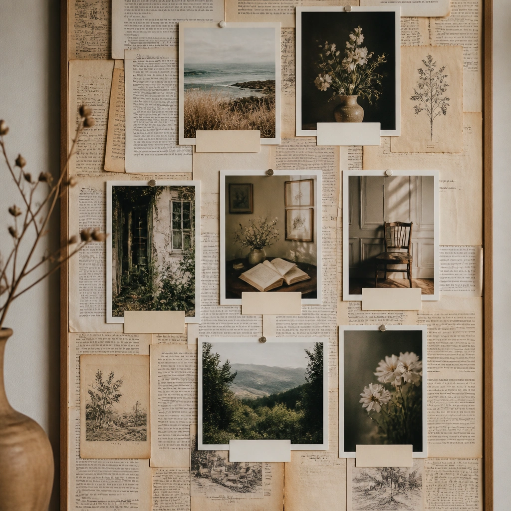 A board covered in vintage-style book pages with photos layered on top. Small typed labels in black sit under each image, aligned in a neat column.