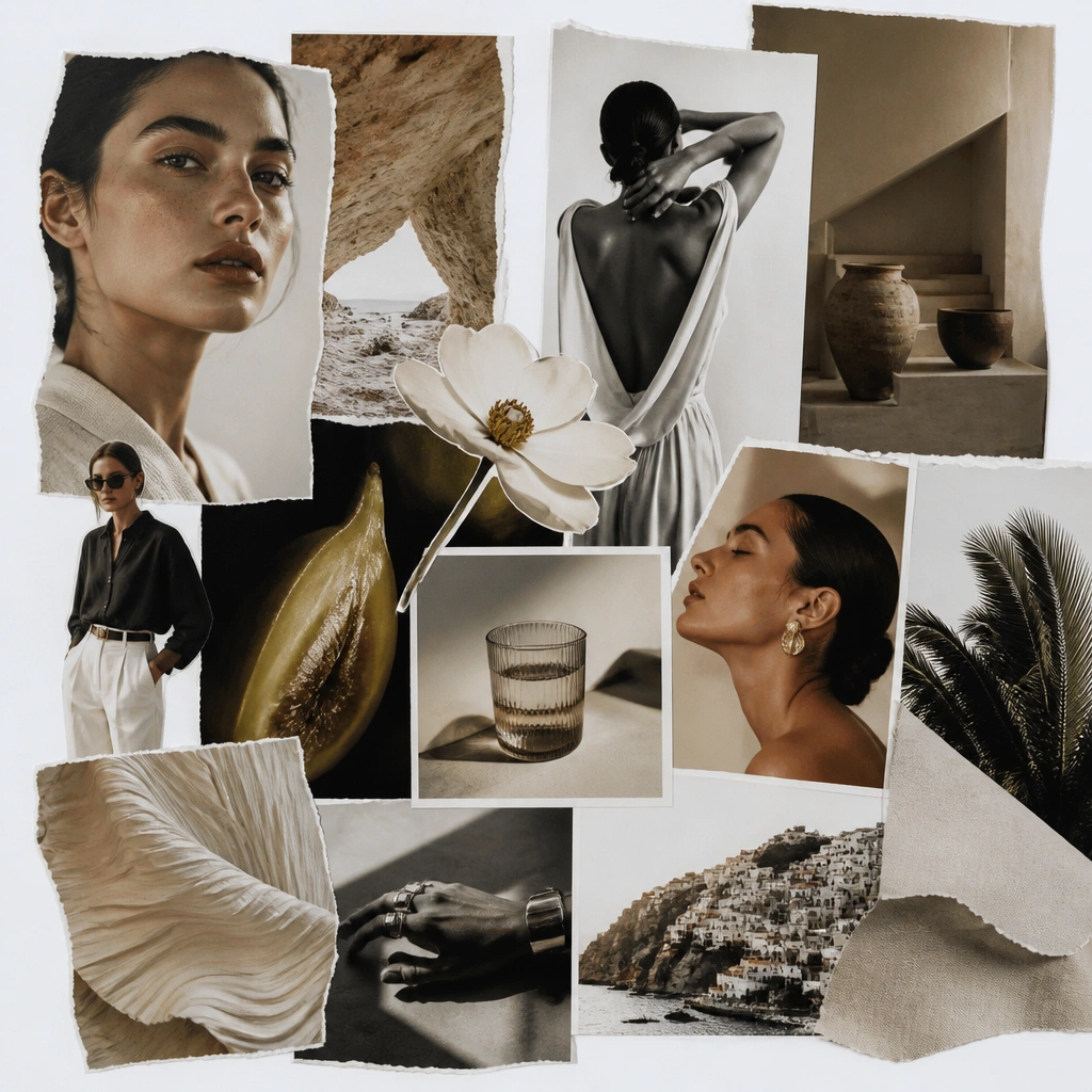 A vision board made from magazine clippings arranged like a fashion editorial spread, with bold headlines and cut-out images overlapping on a white background.