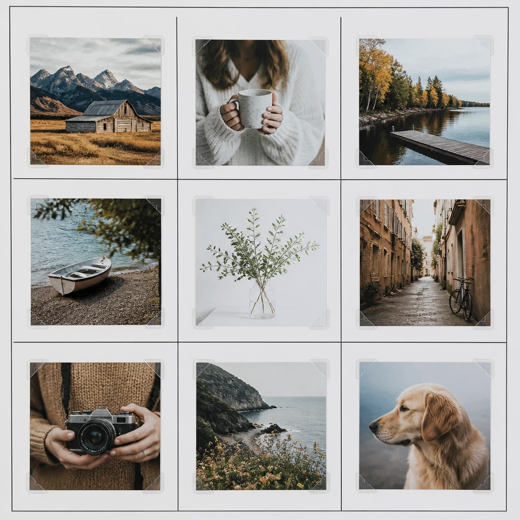 A board where photos sit in crisp corners held by small clear corner tabs. The background is matte white paper with thin black dividers.
