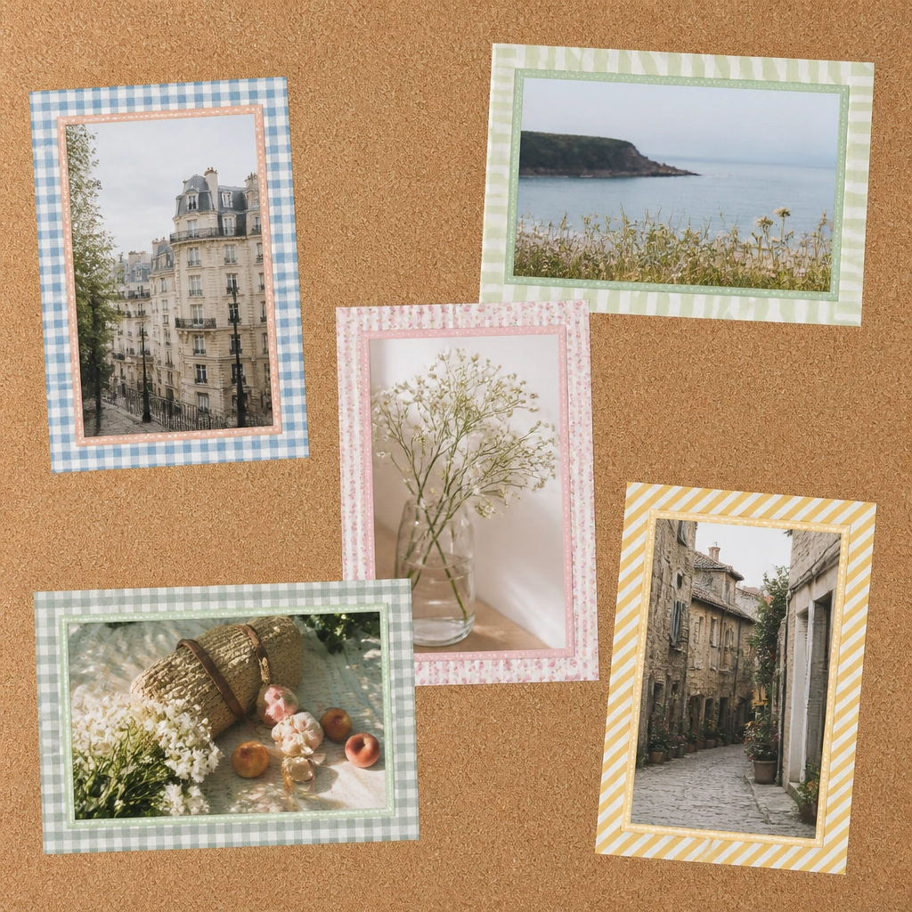 A corkboard with photos taped in place. Each photo has a double-layer washi tape frame - one thin tape border and one thicker tape border around it.