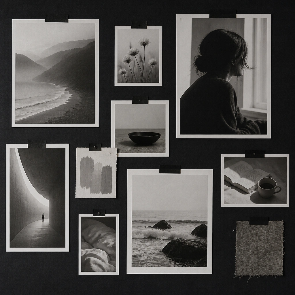 A vision board with a black paper backing. Monochrome photos (mostly grayscale) are mounted with white mat strips and small black label tags.