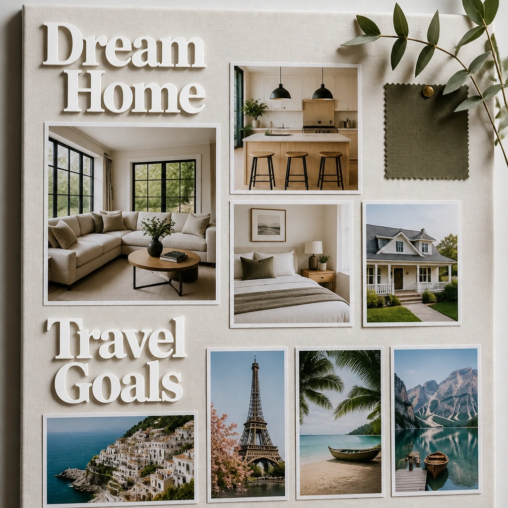 A board with bold cutout headings like “Dream Home” and “Travel Goals” made from thick white paper. Photos sit underneath with consistent spacing.