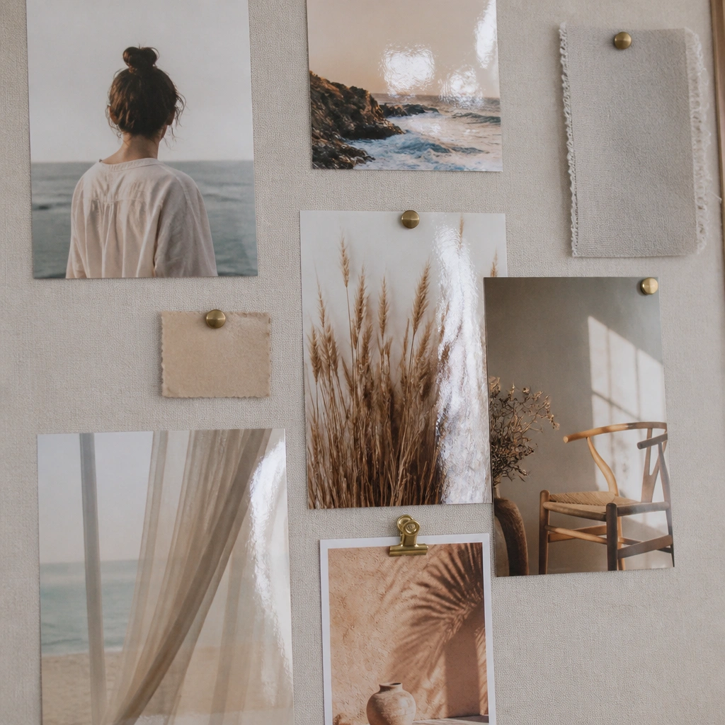 A board where certain photos are laminated-like with clear contact paper. The glossy areas catch light while the rest stays matte.