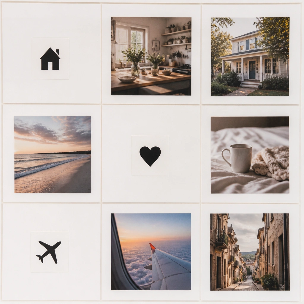 A board with light beige grid lines drawn across a white base. Small printed icons (house, heart, plane) sit next to photos in matching sizes.