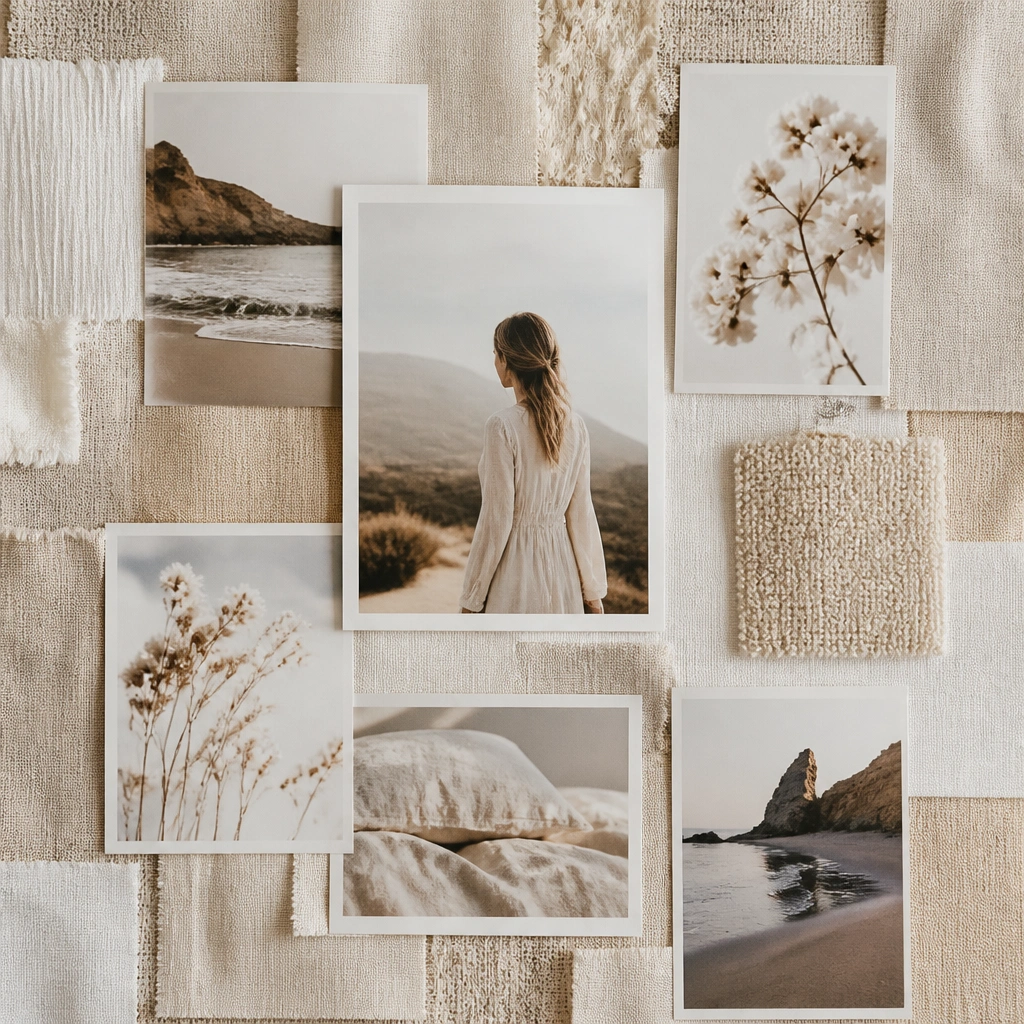 A board covered with layered fabric scraps in beige and cream. Photos are layered on top with fabric glue edges tucked neatly.