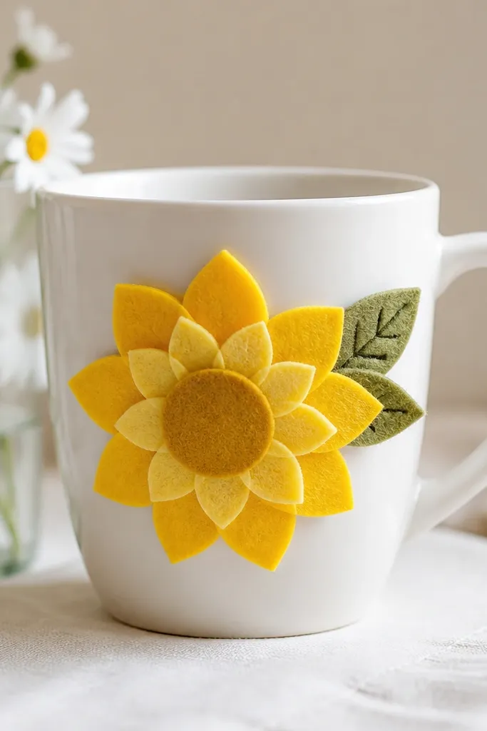A plain ceramic mug with three felt petals layered like a sunflower, bright yellow with a darker yellow center circle. Small green felt leaves are glued near the handle.