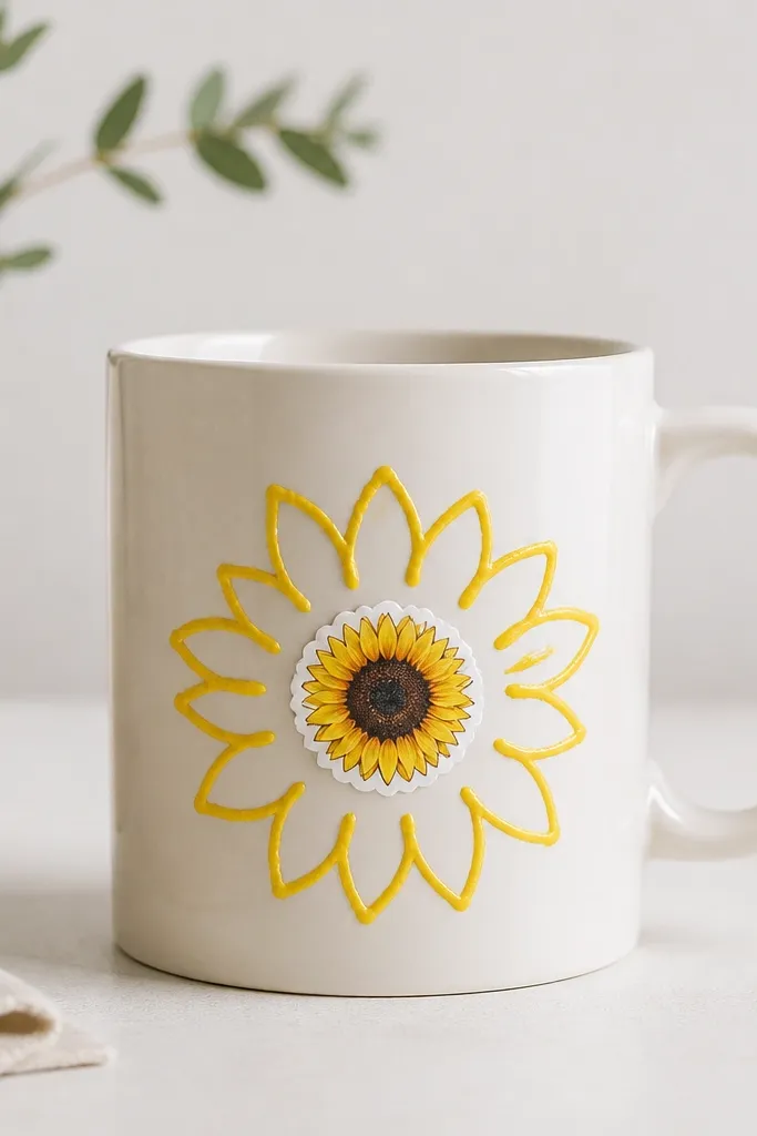 A mug with a crisp sunflower outline drawn in thick yellow acrylic around a small vinyl sunflower sticker. The background is off-white with a clean, modern look.