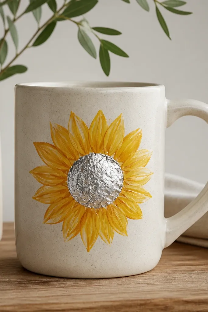 A light-colored mug with a sunflower made from painted yellow petals and a shiny center made from crumpled and smoothed aluminum foil. The foil center reflects light like a tiny halo.