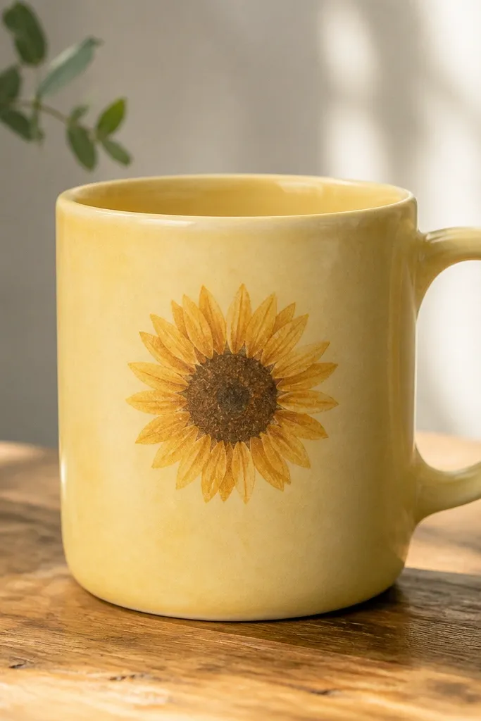 A mug where a sunflower graphic from a used coffee sleeve appears as a transfer on the front, with the rest of the mug softly painted in pale yellow. The sunflower sits centered above the handle.