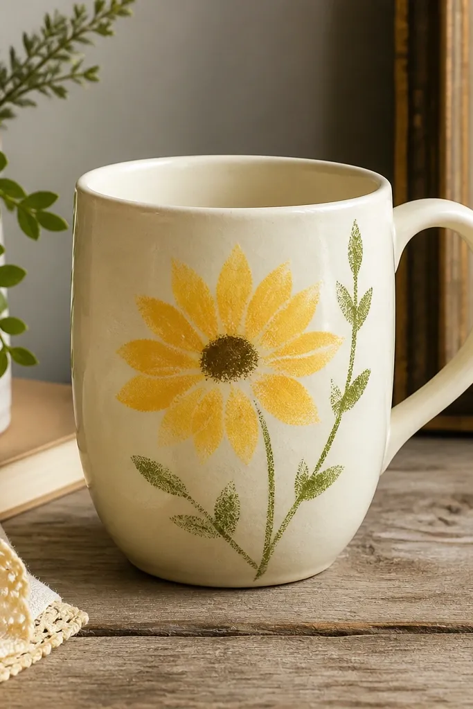 A thrifted mug painted pale cream with a sunflower stencil sprayed in layered yellows. The petals show soft gradients, and a small green stem runs upward near the handle.