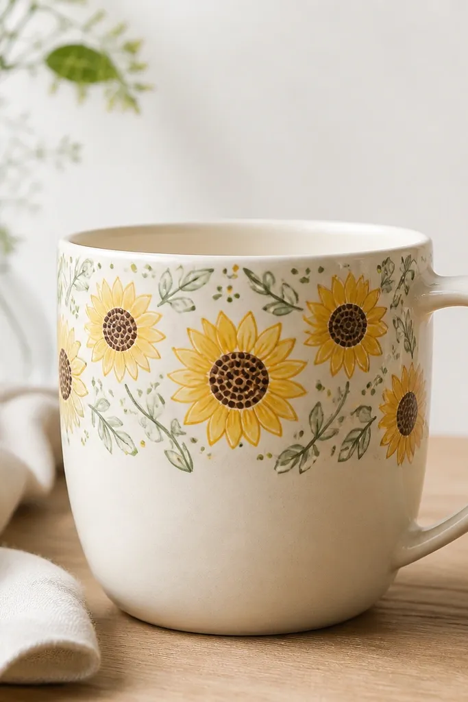 A mug with a hand-drawn sunflower border around the rim and upper half. Yellow marker petals, brown dot centers, and tiny doodle leaves fill the space between flowers.