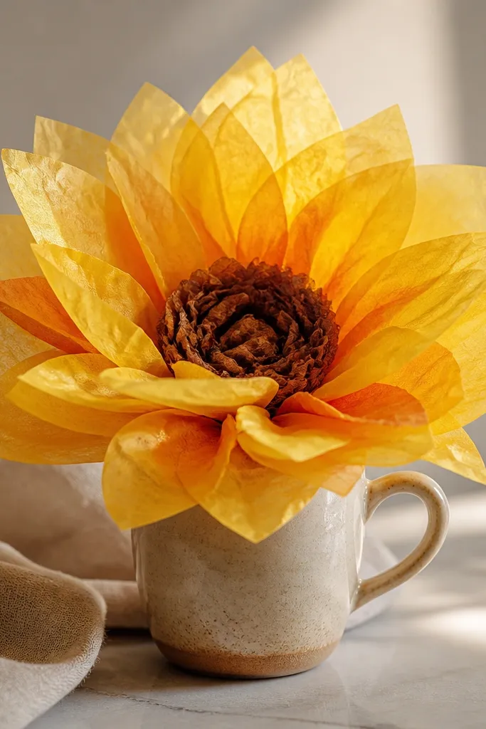 A mug with translucent tissue paper petals forming a sunflower. The colors glow softly: sunny yellow petals with hints of orange and a darker brown center, like stained glass.