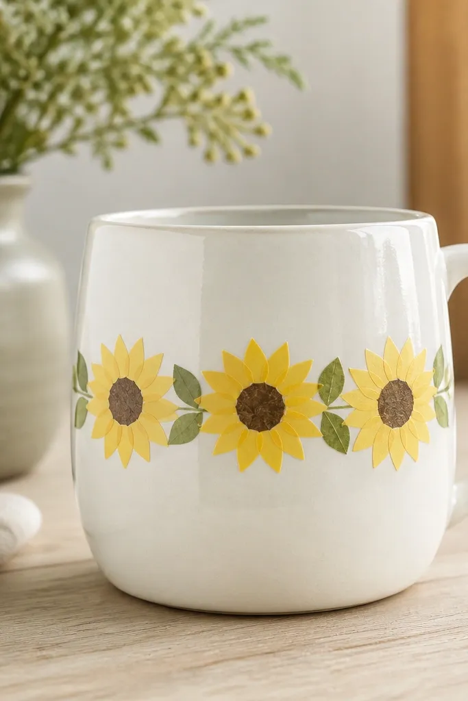 A mug wrapped with small sections of washi tape forming a sunflower garland. Bright yellow tape petals, green tape leaves, and a brown tape center appear in a line across the front.
