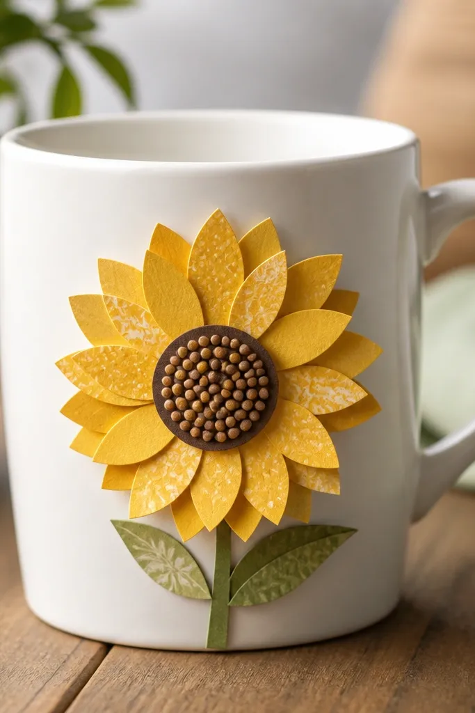 A white mug with a sunflower made of layered scrapbook paper petals. The petals cast slight shadows, and the center is a raised circle with tiny paper dots.