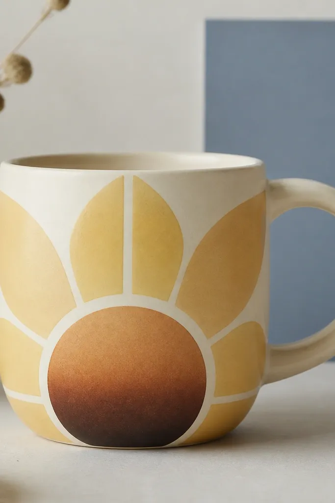 A mug with bold color-block sections: pale yellow petals painted in geometric shapes and an ombré brown center. The background includes a subtle blue-gray block near the handle.