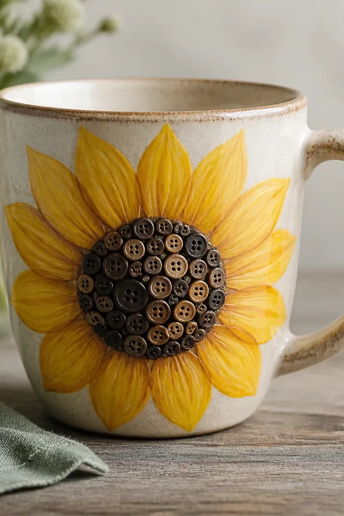 A mug painted with yellow sunflower petals, with a button cluster glued in the center. The buttons create a raised, handmade “seed” texture.
