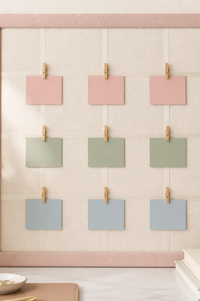 A backing board covered in neutral cream fabric. Thin satin ribbon is stitched into a neat grid, forming small squares. Mini clothespins hang from the ribbon intersections, holding color-coded cards labeled “Family,” “Health,” and “Work.” A soft blush border frames the whole board.