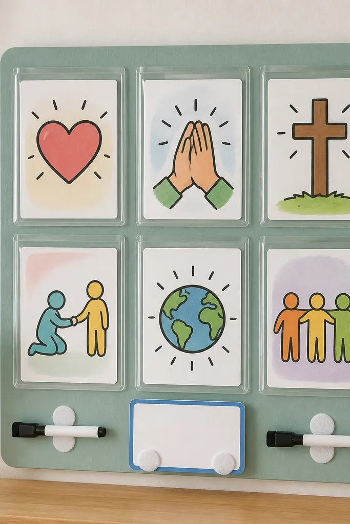 A bright but not chaotic prayer board made from a painted board covered with clear vinyl pockets. Each pocket holds a laminated kid-friendly prayer card with cartoon-style line art of a heart, hands, and a cross. Velcro dots at the bottom hold small dry-erase markers and a “Today’s Prayer” card.