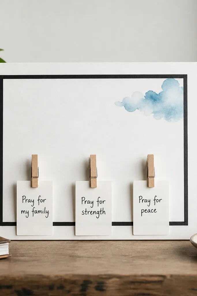 A small 8x10 inch board mounted on a desk. Black washi tape forms a clean rectangular outline. Three mini wooden pegs hang under the tape. Small white tags with handwritten prayers are clipped to the pegs. A tiny watercolor wash of blue clouds sits in the corner.