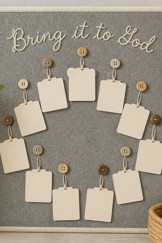 A gray felt board bordered with soft cream fabric. Buttons are sewn in a gentle circle pattern, each with a small string tied to a prayer card. Above, cursive stitching reads “Bring it to God.” Cards look like neat file folders with tabs.