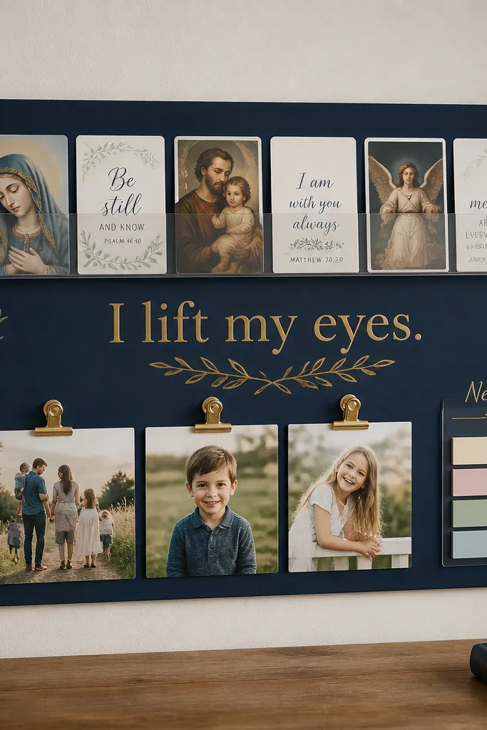 A dark navy board with gold foil-style lettering reading “I lift my eyes.” Family photos are clipped at the bottom with small gold clips. Above, a row of prayer cards sits in a clear acetate strip. A small section on the right has a “Needs” label with sticky tabs.