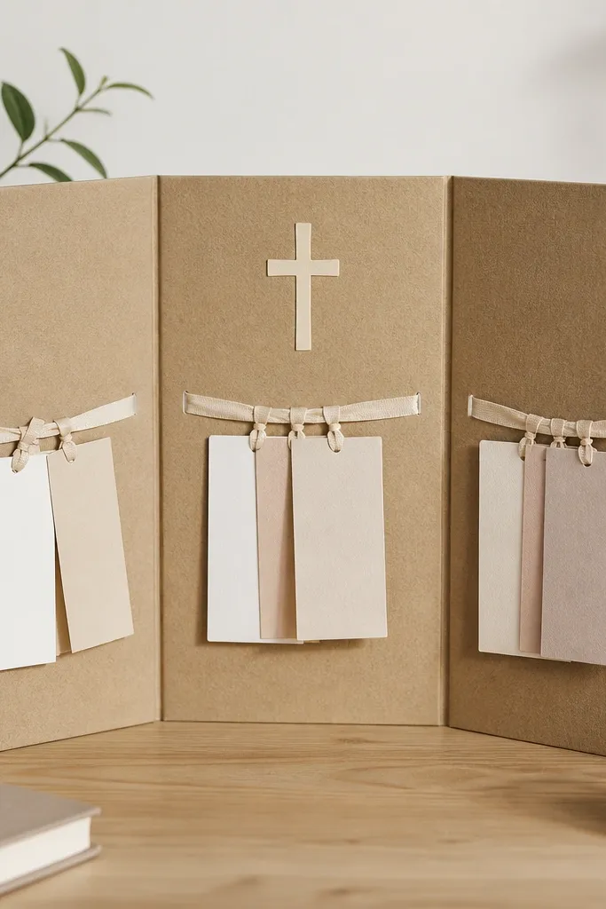 A prayer board built like a small accordion fold on a sturdy backing. Three folded sections labeled “This Week,” “Answered Prayers,” and “Ongoing.” Each section has a row of ribbon ties holding small cards. The board is covered in textured kraft paper with a simple cross sticker in the center.