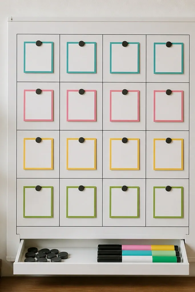 A matte white board with a grid made from thin black lines. Small magnets hold square cards in neat rows. Each card has a colored border: teal for health, pink for family, yellow for work, green for gratitude. A small drawer at the bottom holds extra magnets and markers.