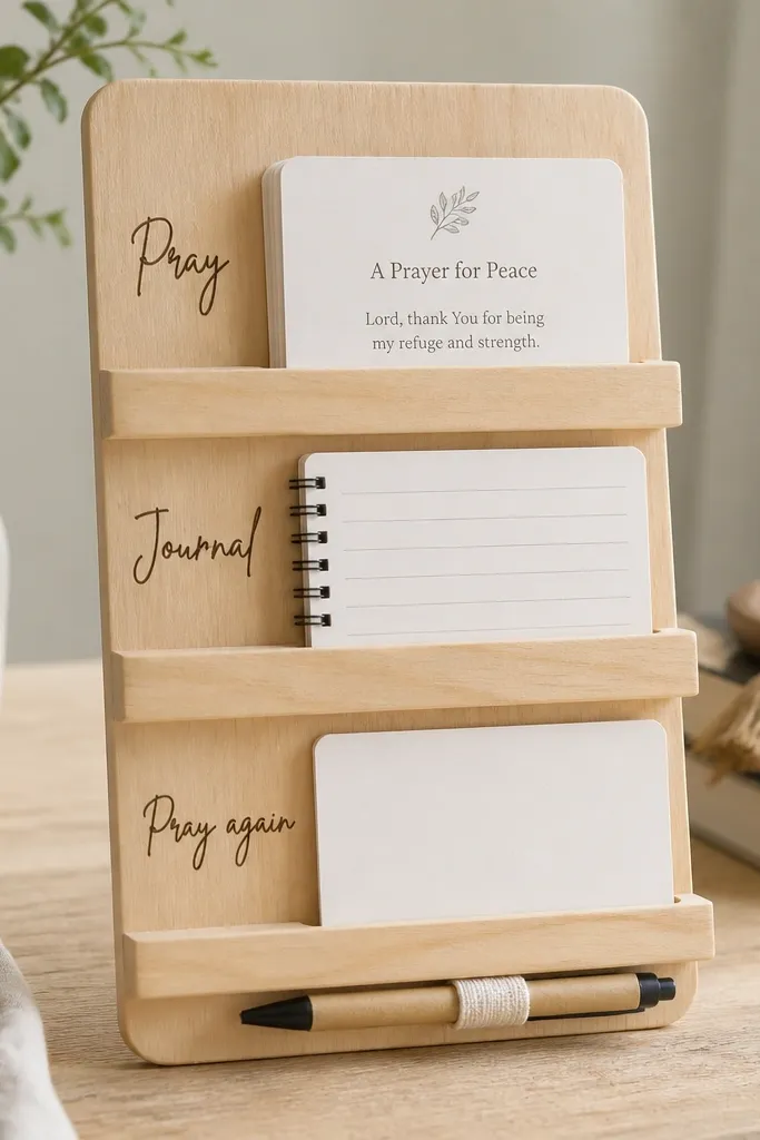 A light wood board with three horizontal strips labeled in handwriting: “Pray,” “Journal,” and “Pray again.” Each strip holds a different type of card: printable prayer prompts, a small lined notebook strip, and a blank reflection card. A small pen rests in a cloth loop at the bottom.