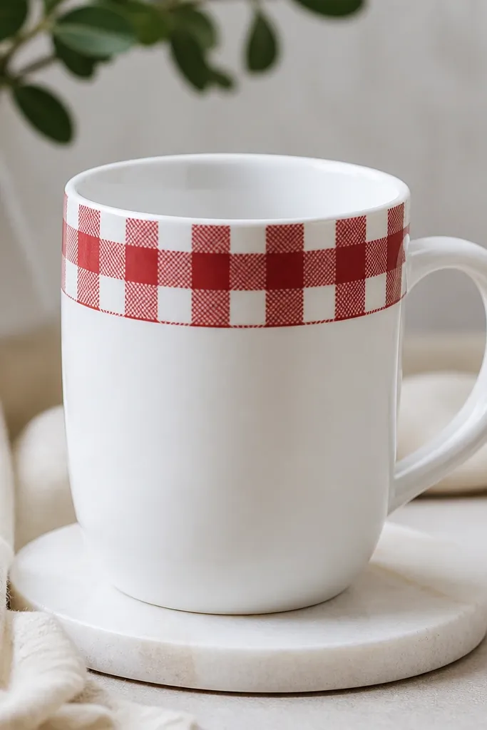 A mug with a crisp buffalo plaid band around the top rim area made from red and white patterned washi tape; the rest of the mug is plain, letting the rim pattern pop.
