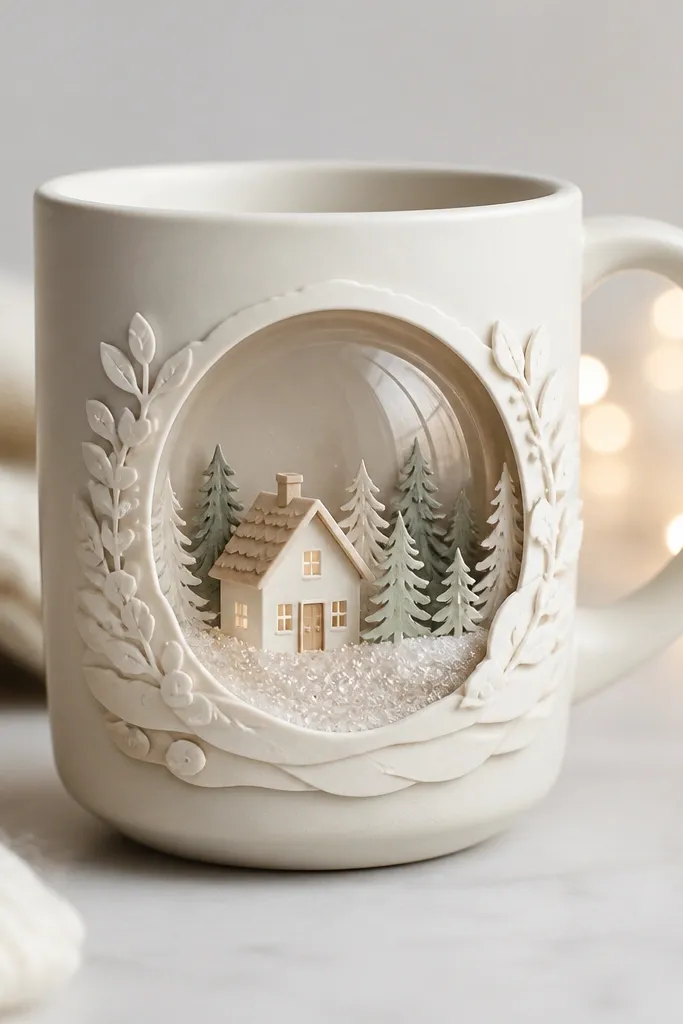 A mug decorated with layered paper cutouts: a small paper house, tiny fir trees, and a dome-like “snow globe” window framing them; white glitter dust is visible near the bottom layer.