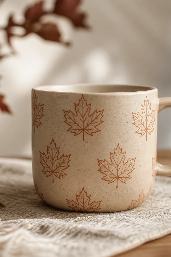 A tan mug with repeated maple leaf outlines in a warm brown/orange tone; the leaves look evenly spaced and slightly textured like a stamped stencil.