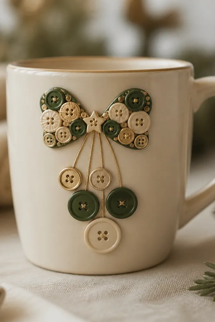 A mug with a cluster of sewn buttons forming a bow and small ornaments on the front; buttons are in green, cream, and gold with a tiny star button at the center.