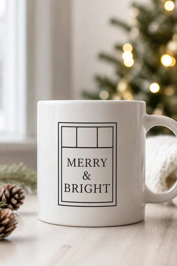 A mug with a clean vinyl design: a rectangular window frame and the words “MERRY & BRIGHT” inside; the letters are crisp and centered with a thin border.