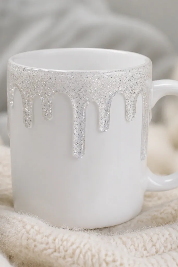 A white mug with a clear resin “snow drip” effect running down one side; tiny silver glitter is suspended inside the resin, creating a sparkling frozen look.