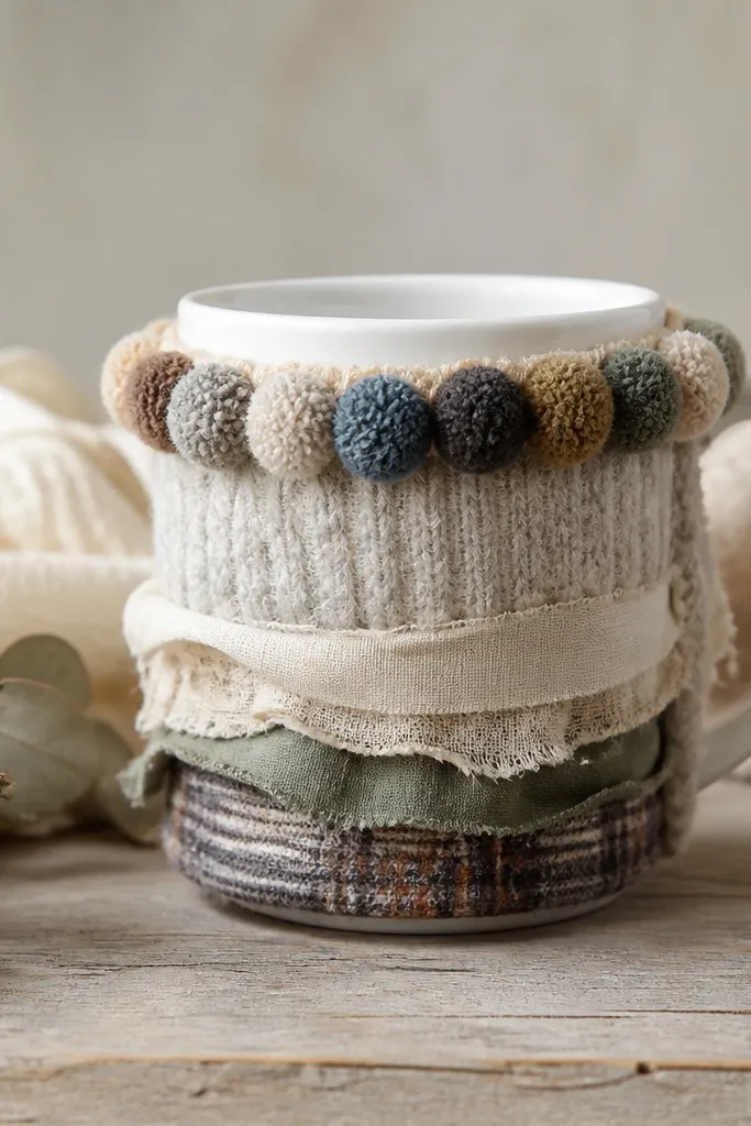 A mug wrapped with a soft fabric sleeve made from layered upcycled scraps; yo-yo pom trim circles the top edge like a cozy winter hat.
