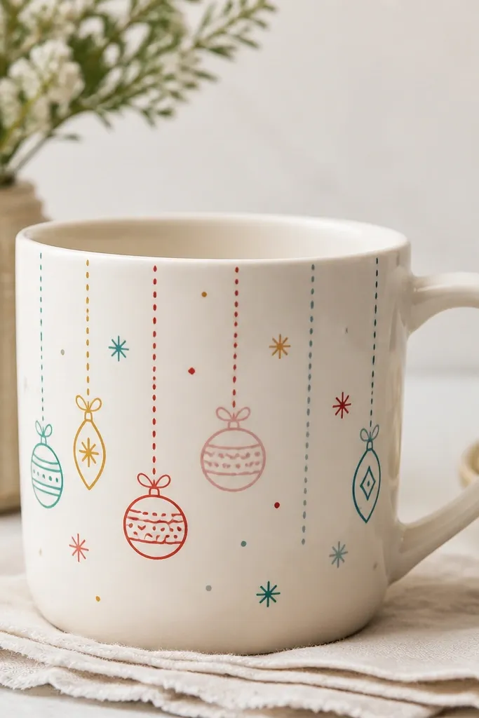A mug decorated with paint marker doodles: small hanging ornament icons with dotted strings and tiny snowflakes; the lines are thin and crisp.
