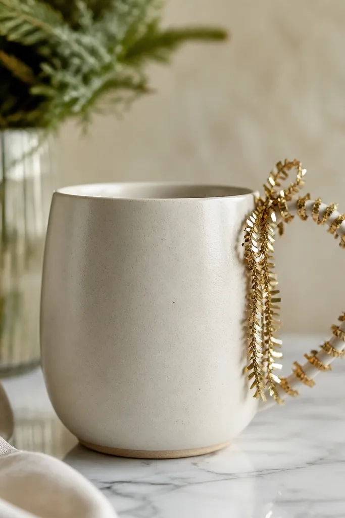 A mug where the handle is wrapped with a thin garland-like strip made from metallic paper or tinsel; the garland loops near the top and cascades slightly along one side.