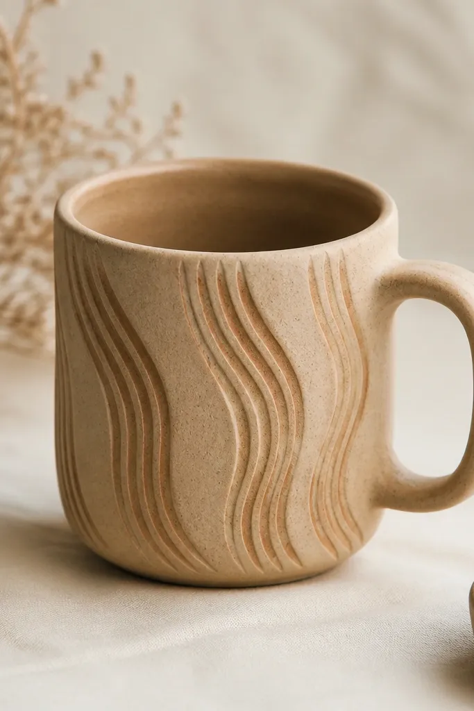 A warm beige mug with a matte sandstone finish; carved wave lines run vertically, filled with a slightly darker slip for contrast.