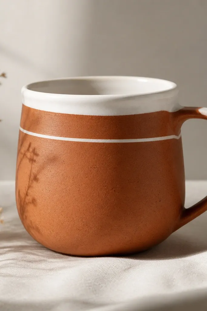 A terracotta-colored mug with a crisp white glaze band around the rim and a thin white line wrapping the upper body; the rest stays warm and matte.