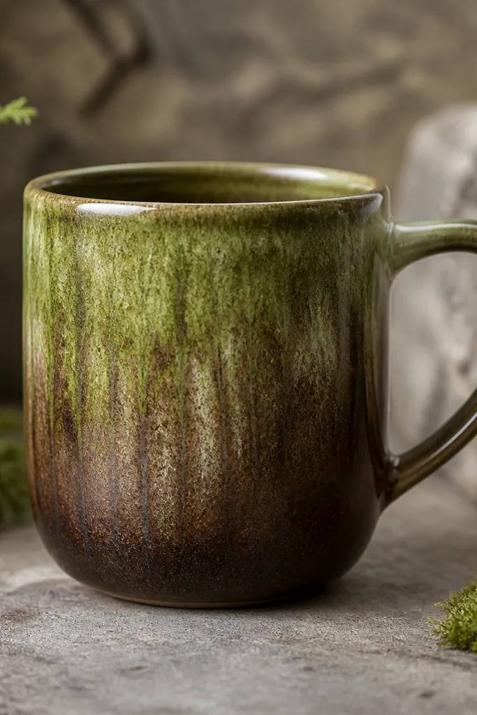 A mug that fades from deep brown at the base into green at the top, with gentle vertical drip streaks like moss climbing a stone.