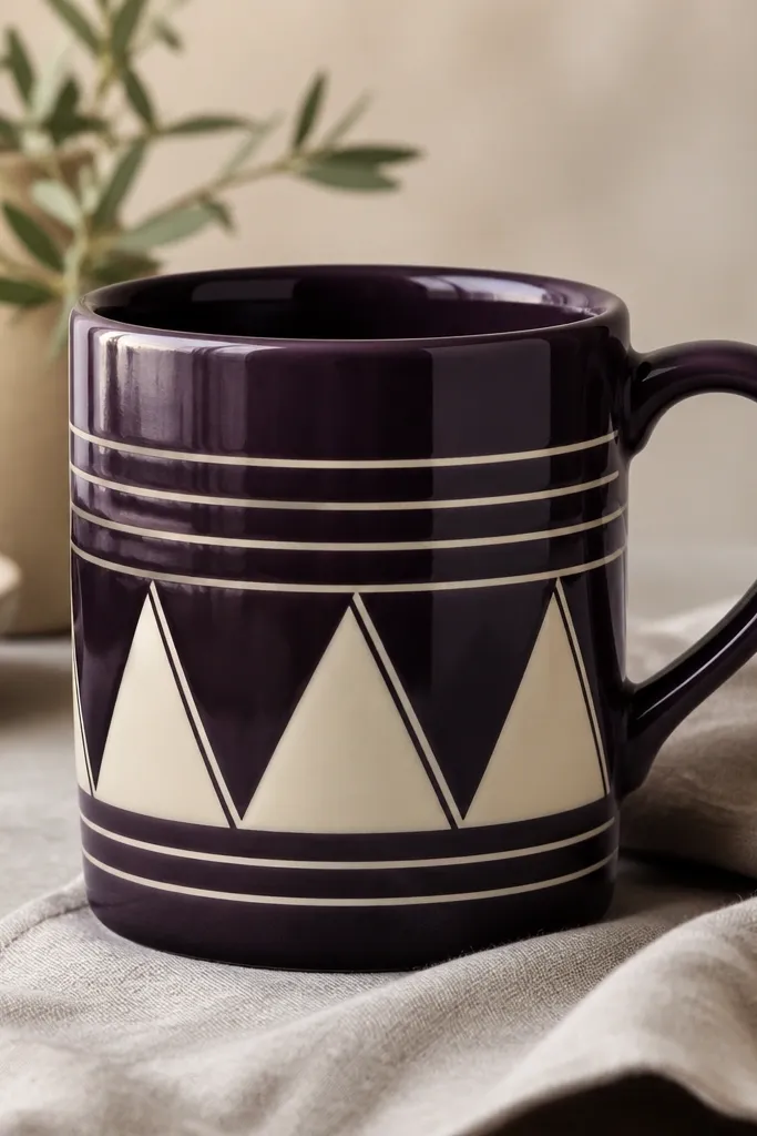 A dark plum mug with clean geometric shapes: narrow cream stripes and triangles, separated by crisp lines; the glaze is glossy and reflective.