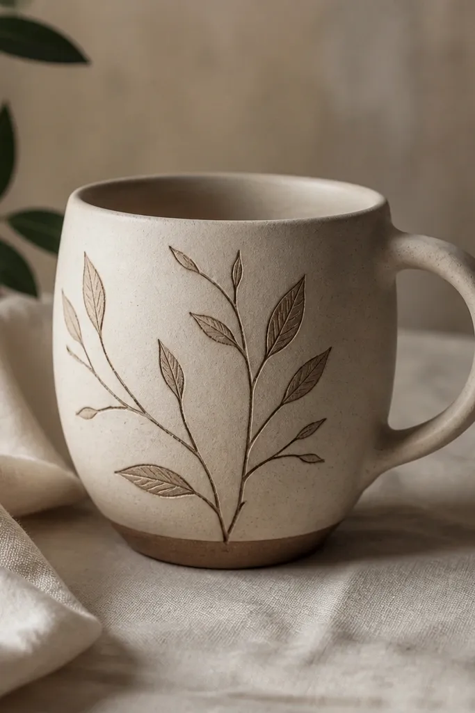 A light clay mug with fine etched stem lines and leaf shapes; the etched marks reveal darker clay beneath, like a botanical sketch.