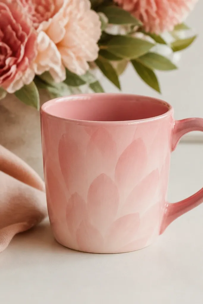 A soft pink mug with petal-shaped marks that fade outward; the handle blends into the same pink gradient with a slightly darker outline.