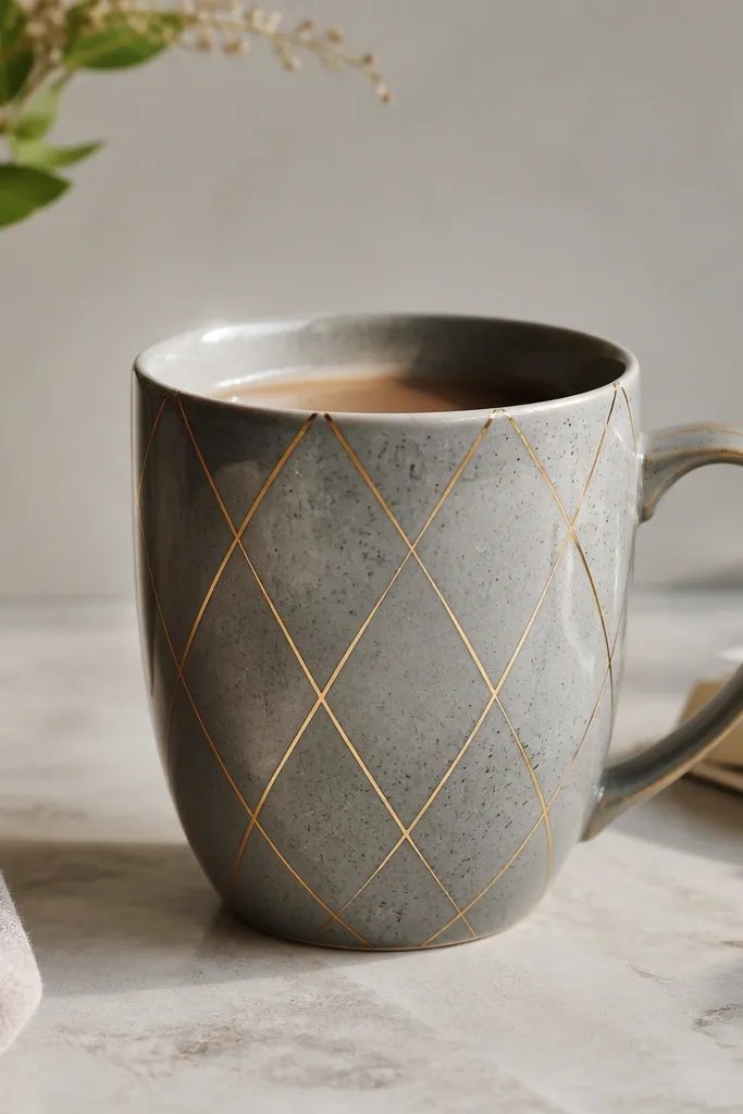 A speckled warm-gray mug with thin metallic-looking gold lines tracing a lattice pattern; the gold catches light on glossy areas.