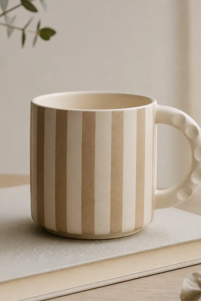 A cream base mug with vertical muted stripes in tan and light brown; the handle has small thumbprint dimples along the grip area.