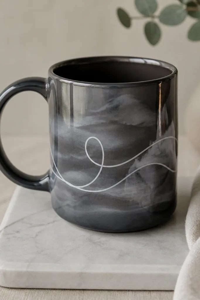 A charcoal-gray mug with cloudy smoke-like bands; thin white script-style lettering wraps around the front, with a glossy clear top coat.